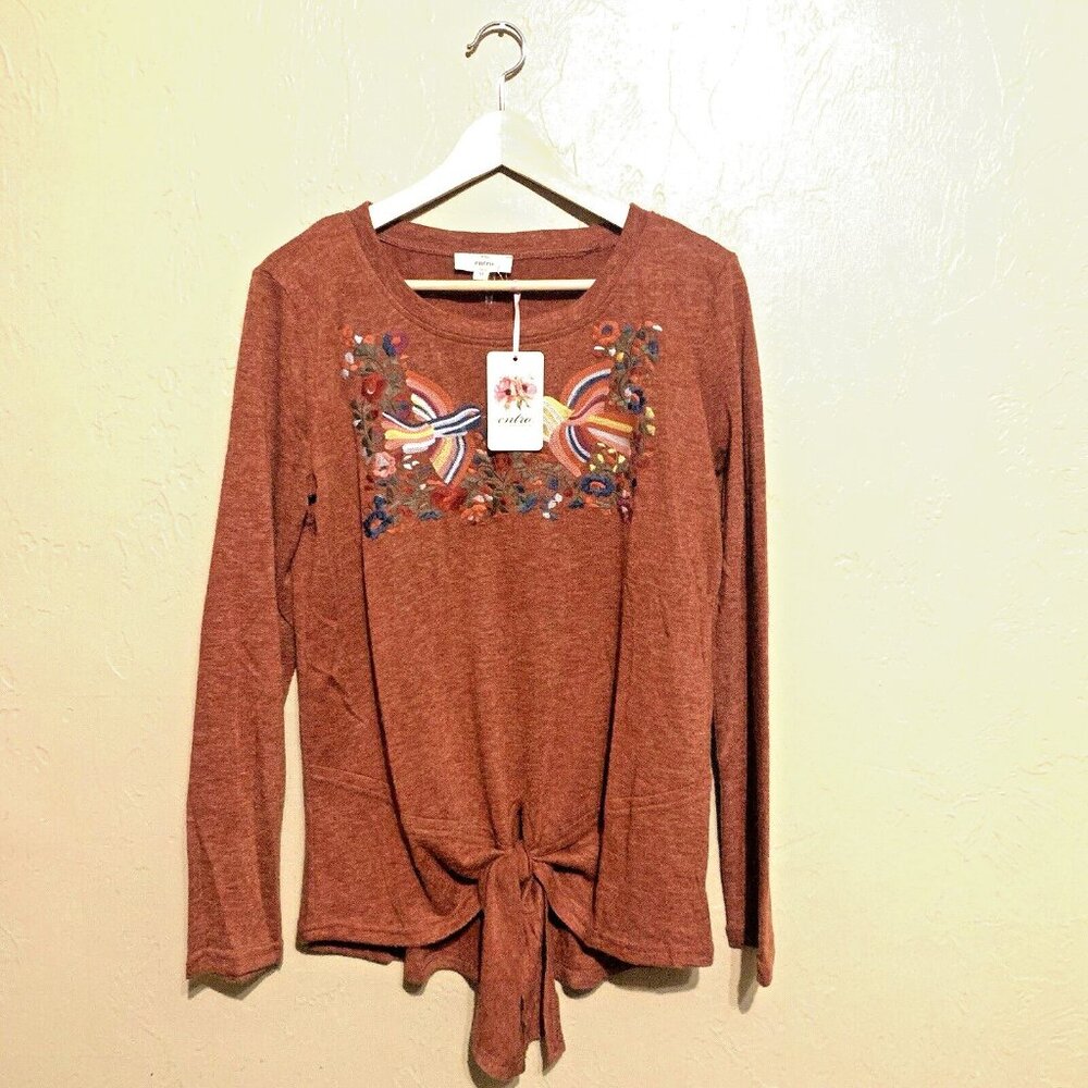 Entro Sweater Terracotta Embroidery‎ Floral Rainbow 2 Birds Kiss Tied Waist Sz M
